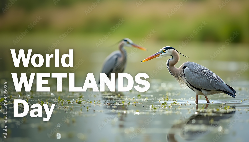 Obraz premium A vibrant banner celebrating World Wetlands Day, featuring images of a heron and egret in a peaceful aquatic setting.