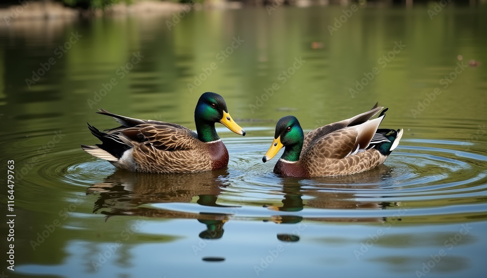 Obraz premium A heartwarming image of mallard ducks interacting in a tranquil wetland, celebrating the significance of nature for World Wetlands Day.
