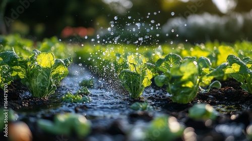 Fresh lettuce growing in a water-filled field under morning sunlight near a m...