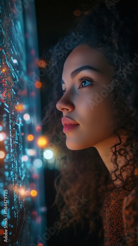 Young woman focused on computer screen in a cozy, illuminated room at night