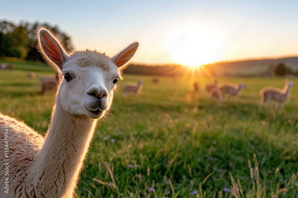 Obraz premium A playful alpaca brightens the scene with its smile against a picturesque sunset, portraying the beauty of rural life surrounded by gentle rolling fields.