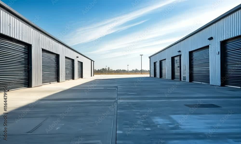 Large outdoor storage unit with black doors and empty parking lot Large outdoor storage unit with black doors and empty parking lot