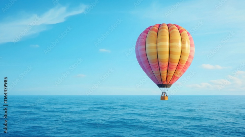 view of a vibrant hot air balloon with intricate patterns, floating over a calm blue ocean under a clear sky view of a vibrant hot air balloon with intricate patterns, floating over a calm blue ocean under a clear sky