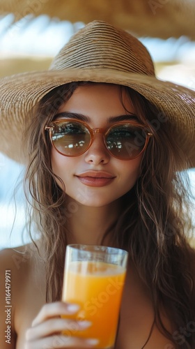 Young woman enjoying refreshing drink while wearing stylish hat and sunglasse...