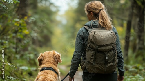 Woman hiking with golden retriever on a forest trail during a calm autumn day