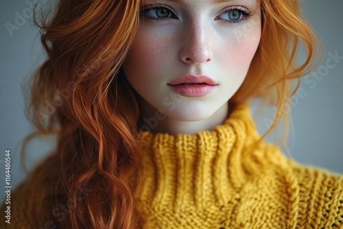 Young woman with flowing red hair and soft expression against a bright yellow...