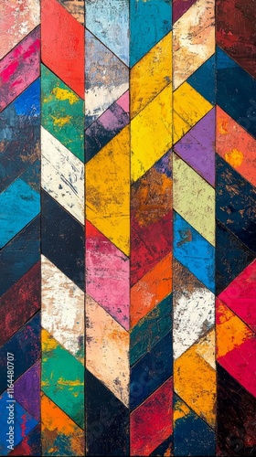 Colorful geometric patterns create a vibrant wall decoration in an artful int...