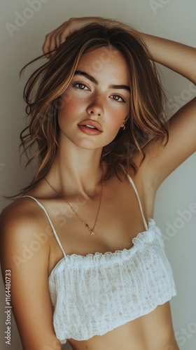 Young woman with long hair poses confidently in a stylish white outfit agains...