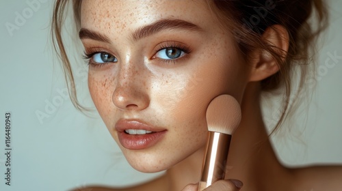 Young woman applying makeup in bright indoor setting during morning light