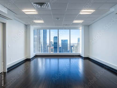 A large empty room with a window and a view of the city. The floor is made of wood