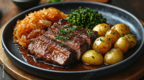 Succulent beef roast served with seasoned baby potatoes and garnished with fr...