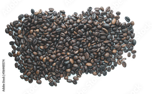 Roasted coffee beans scattered on a white background.  A rich, dark brown color, perfect for coffee-related designs and projects. photo