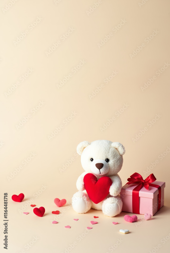 A Delightful Valentine’s Day Composition Featuring a Small White Teddy Bear Holding a Plush Red Heart A Delightful Valentine’s Day Composition Featuring a Small White Teddy Bear Holding a Plush Red Heart