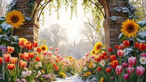 Oversized Vibrant Tulips, Daffodils, and Sunflowers in a Lush Snowy Garden, Spring Blooms Overflowing Rustic Stone Walls and Wooden Trellises