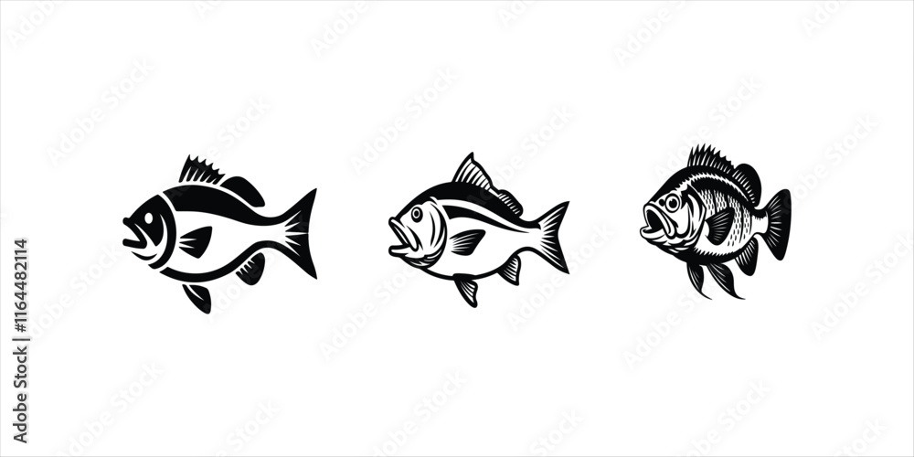 Obraz premium Fish set silhouette vector hand drawn illustration on white background. fish vector.