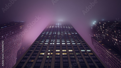 Modern skyscrapers in New York City, Low-angle view from the ground looking up at office buildings illuminated by night light.
Modern skyscrapers in New York City, Low-angle view from the ground loo

