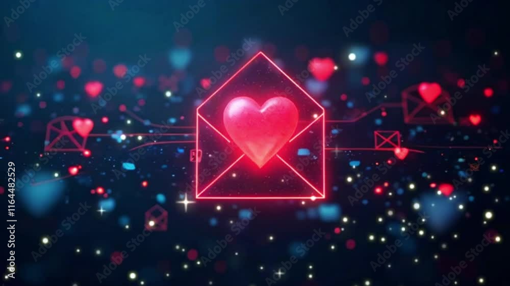 red glowing Heart with email envelope icon	Animated Valentine greeting card.