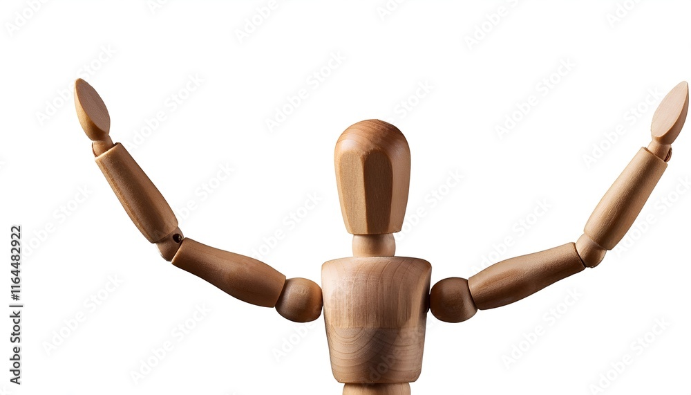 A wooden mannequin with adjustable limbs raises its hands in a joyful pose, showcased against a blank white backdrop. Perfect for creative, conceptual, or educational uses in photography and art. A wooden mannequin with adjustable limbs raises its hands in a joyful pose, showcased against a blank white backdrop. Perfect for creative, conceptual, or educational uses in photography and art.