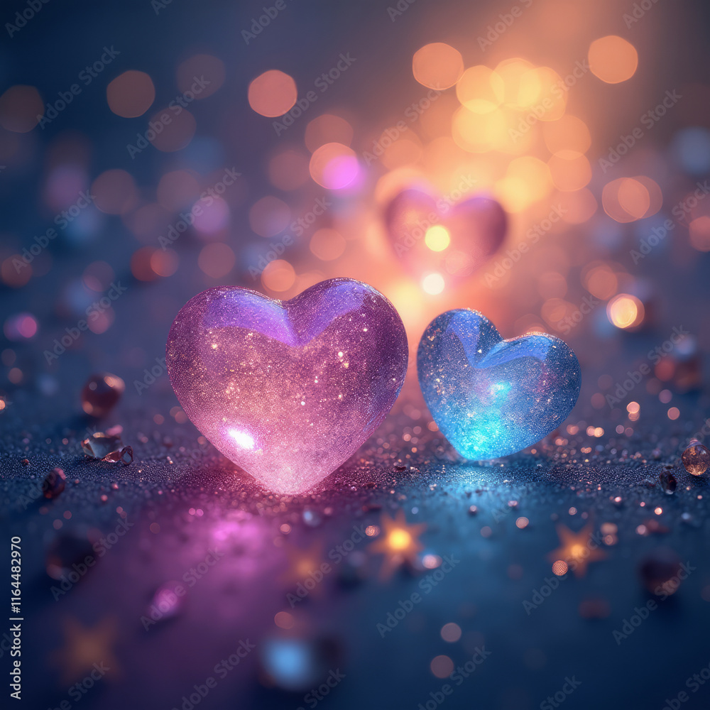 Shimmering Crystal Hearts Reflect Rainbow Light in the Top-Right and Bottom-Left Corners, Vibrant Design Shimmering Crystal Hearts Reflect Rainbow Light in the Top-Right and Bottom-Left Corners, Vibrant Design