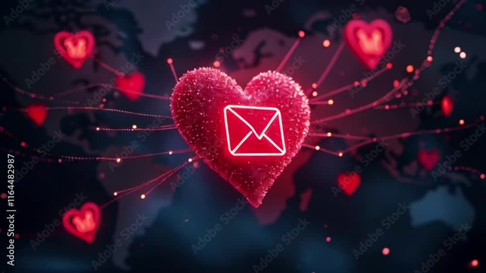 red glowing Heart with email envelope icon,  Animated Valentine greeting card.
