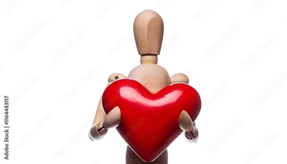 Wooden figure holding a red heart signifying love, passion, and human emotions. Ideal for themes of relationships, care, and tenderness with a clean white background. Wooden figure holding a red heart signifying love, passion, and human emotions. Ideal for themes of relationships, care, and tenderness with a clean white background.
