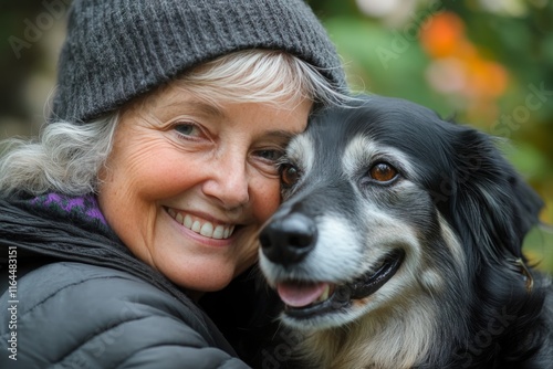Woman embraces her dog with joy in a cozy outdoor setting during a sunny afte...