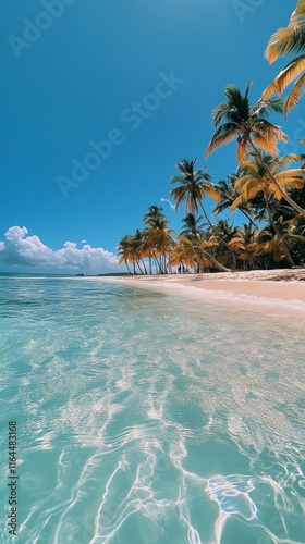 Crystal clear water and palm trees on a serene beach in a tropical paradise u...