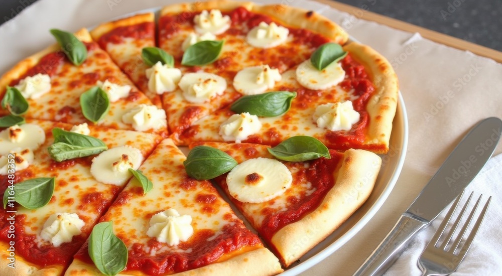 Pizza with cheese and basil on it on a plate Pizza with cheese and basil on it on a plate