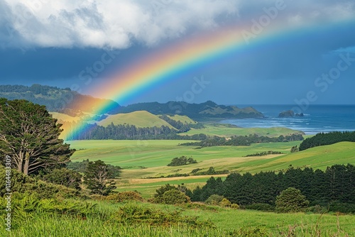 Vibrant rainbow arches over a vast green landscape after a rain shower in the...