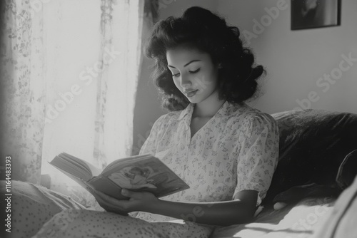 Woman reading a book by the window in a cozy bedroom in soft light