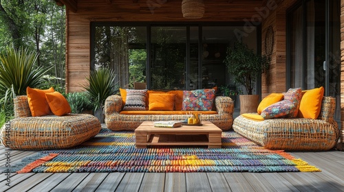 Cozy outdoor living area with mountain view in a serene landscape setting