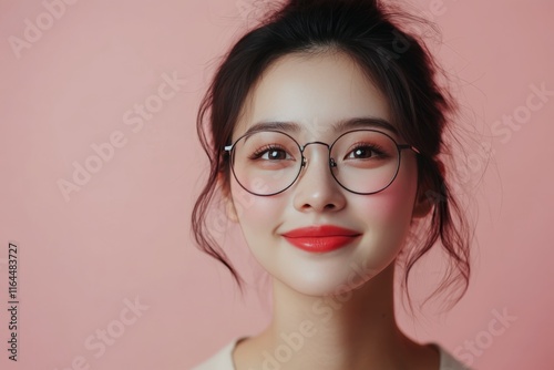 Young woman with glasses poses against a pink wall wearing a yellow jacket an...