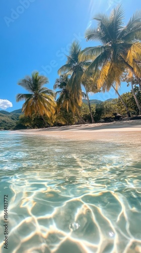 Crystal clear water and palm trees on a serene beach in a tropical paradise u...