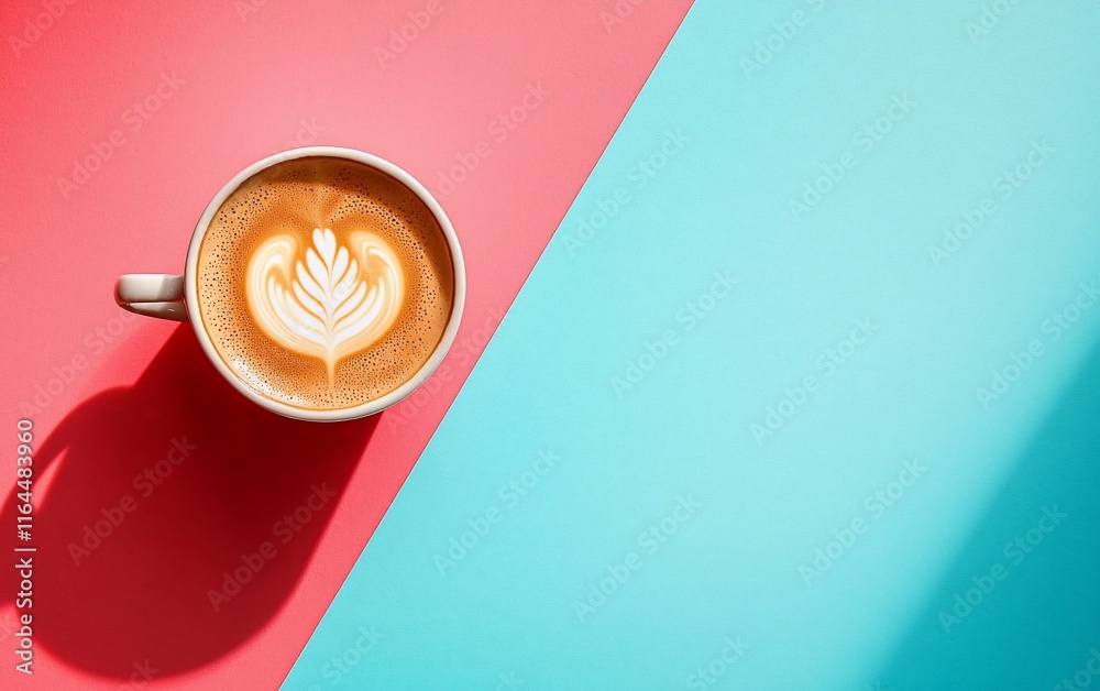 Latte art in cup on colorful background. Latte art in cup on colorful background.