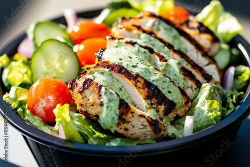 new year diet goals grilled chicken salad with crisp mixed greens, cherry tomatoes, cucumber slices, and red onion, drizzled with a creamy herb dressing, served in a black bowl