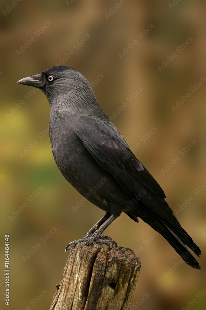Jackdaw perched on a wooden stump Jackdaw perched on a wooden stump