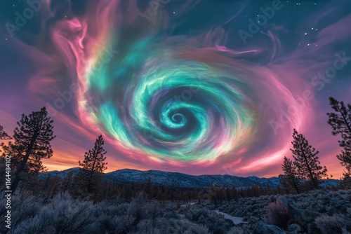 Stunning swirling clouds illuminate the night sky over a tranquil mountain la...