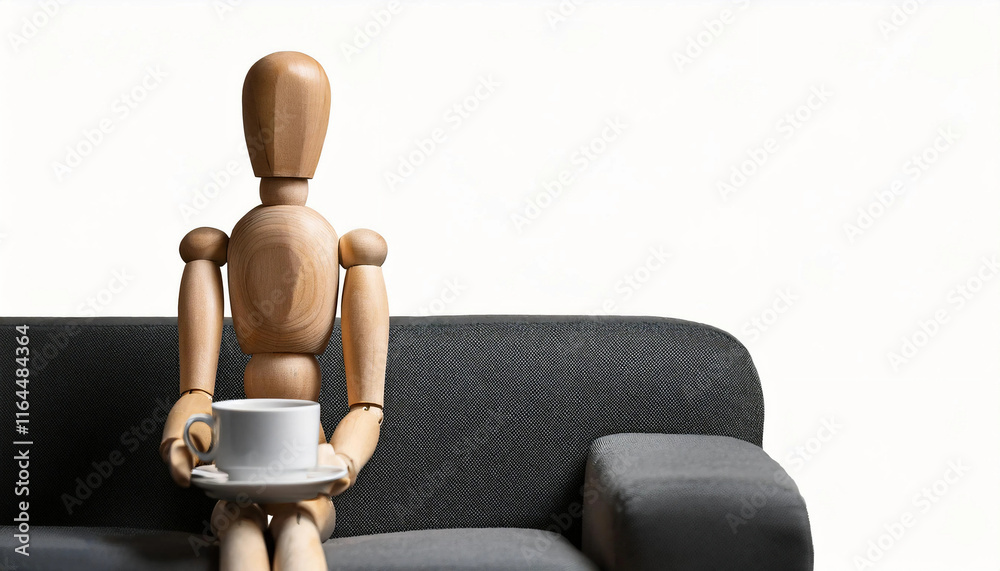 A wooden mannequin figure positioned on a brown leather couch, holding a white coffee cup, symbolizing relaxation or artistic representation. A wooden mannequin figure positioned on a brown leather couch, holding a white coffee cup, symbolizing relaxation or artistic representation.