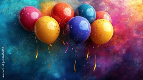 Colorful balloons cascade from the ceiling in a festive setting for a celebra...