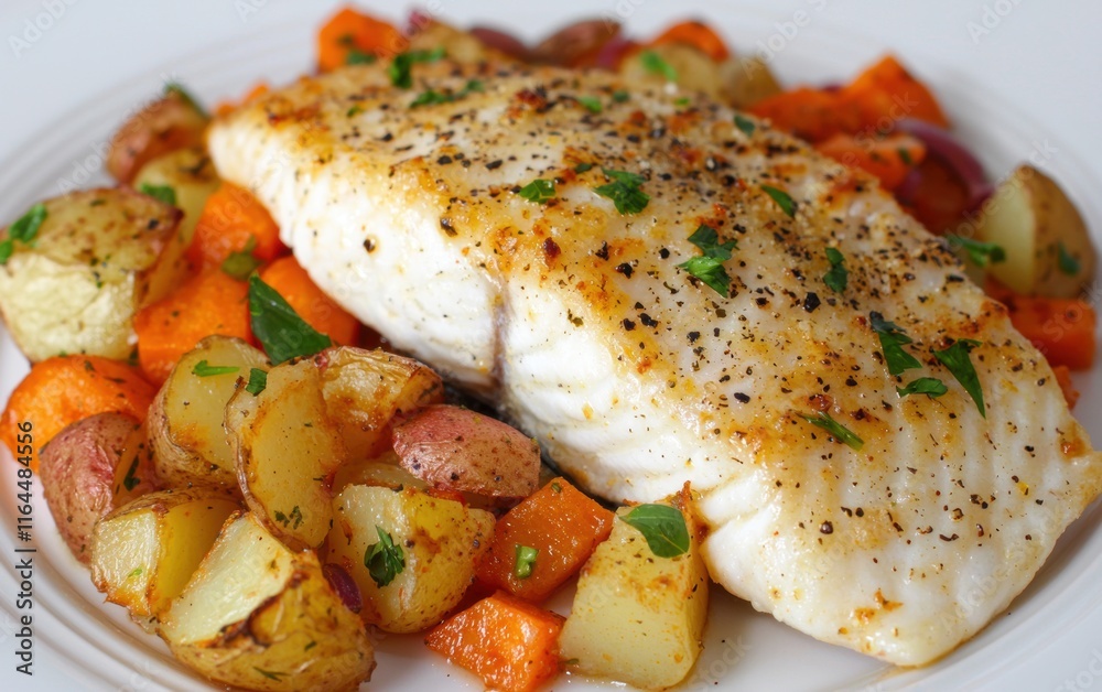 Grilled Fish Fillet Served with Roasted Vegetables and Herbs Grilled Fish Fillet Served with Roasted Vegetables and Herbs