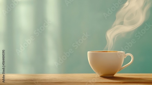 a steaming cup of freshly brewed coffee on a rustic wooden table photo