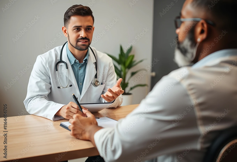 Fototapeta premium Realistic Close-Up of Professional Physician Consulting a Male Patient in a Medical Office Setting, Physician in Medical Uniform Discussing with Male Patient, Holding Clipboard and Pen.