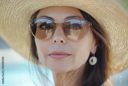Woman wearing a straw hat and sunglasses enjoying a sunny day outdoors
