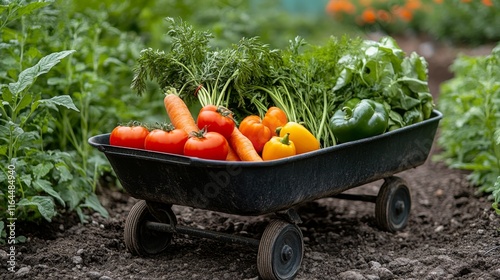 Freshly harvested vegetables arranged in a wagon on a sunny day in the garden