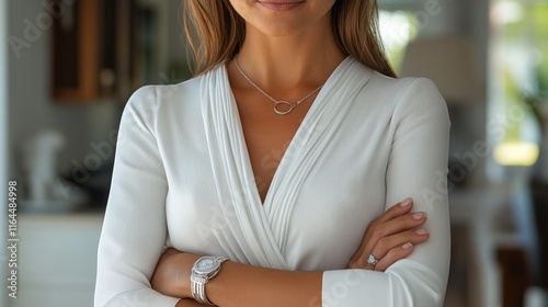 Confident woman in white attire poses with arms crossed in a bright interior ...