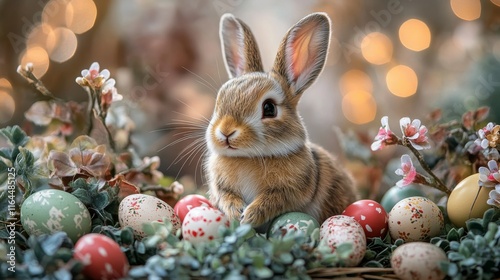 Cute rabbit surrounded by colorful Easter eggs and blooming flowers in a natu...