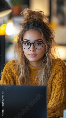 Professional woman with long hair working at desk in modern office environmen...