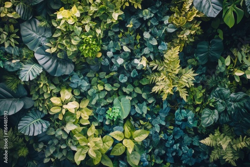 Lush green office space featuring a vertical garden and modern furniture in a...