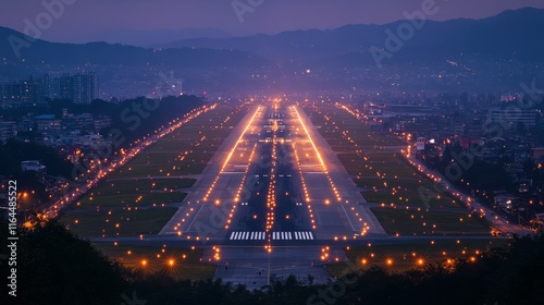 Airport runway illuminated at twilight with city lights in the background