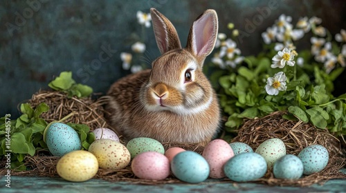 Cute rabbit surrounded by colorful Easter eggs and blooming flowers in a natu...